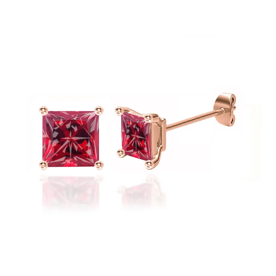 TRINITY - Princess Ruby 18k Rose Gold Stud Earrings