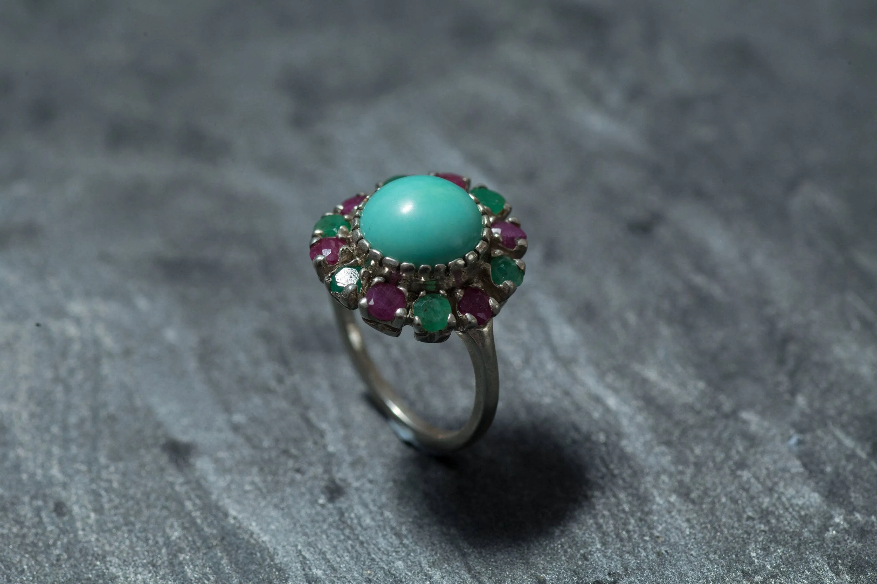 Turquoise Victorian Ring - Colorful Flower Ring - Genuine Turquoise Ring