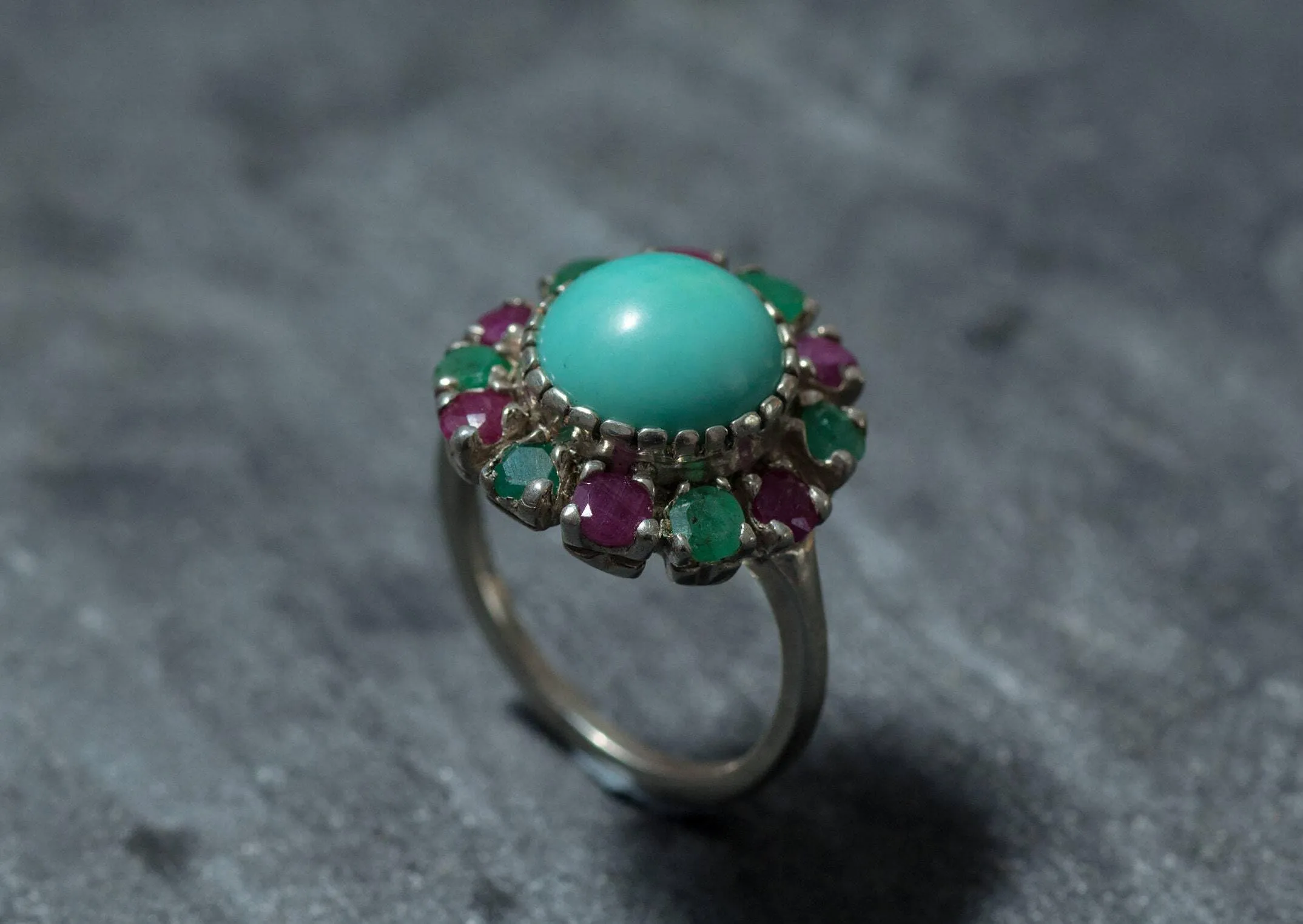 Turquoise Victorian Ring - Colorful Flower Ring - Genuine Turquoise Ring