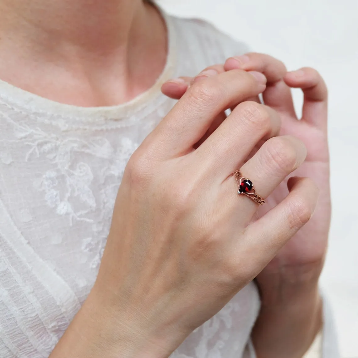 Vintage Crown Ring - Garnet Engagement 14k Rose Gold Vermeil Ring