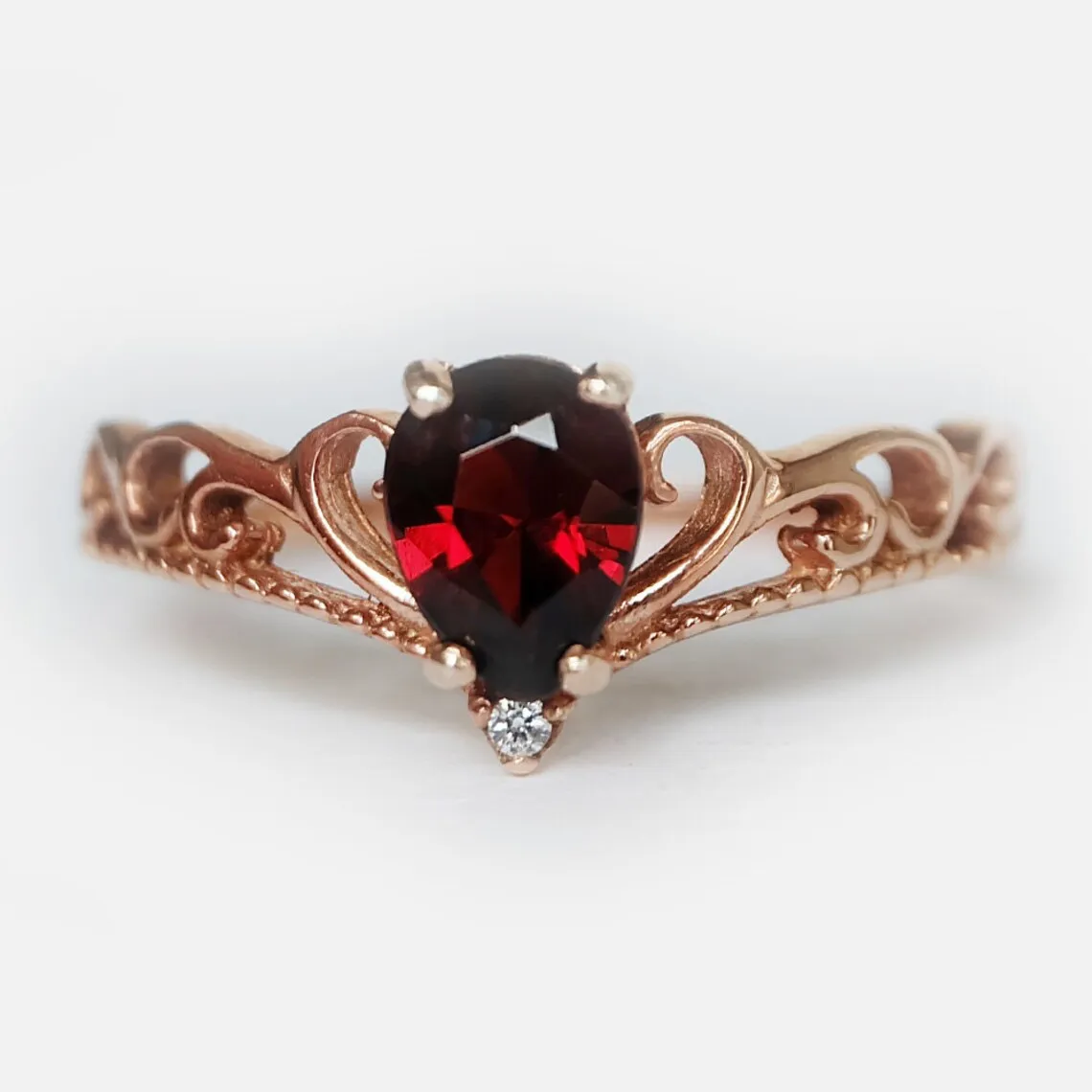 Vintage Crown Ring - Garnet Engagement 14k Rose Gold Vermeil Ring