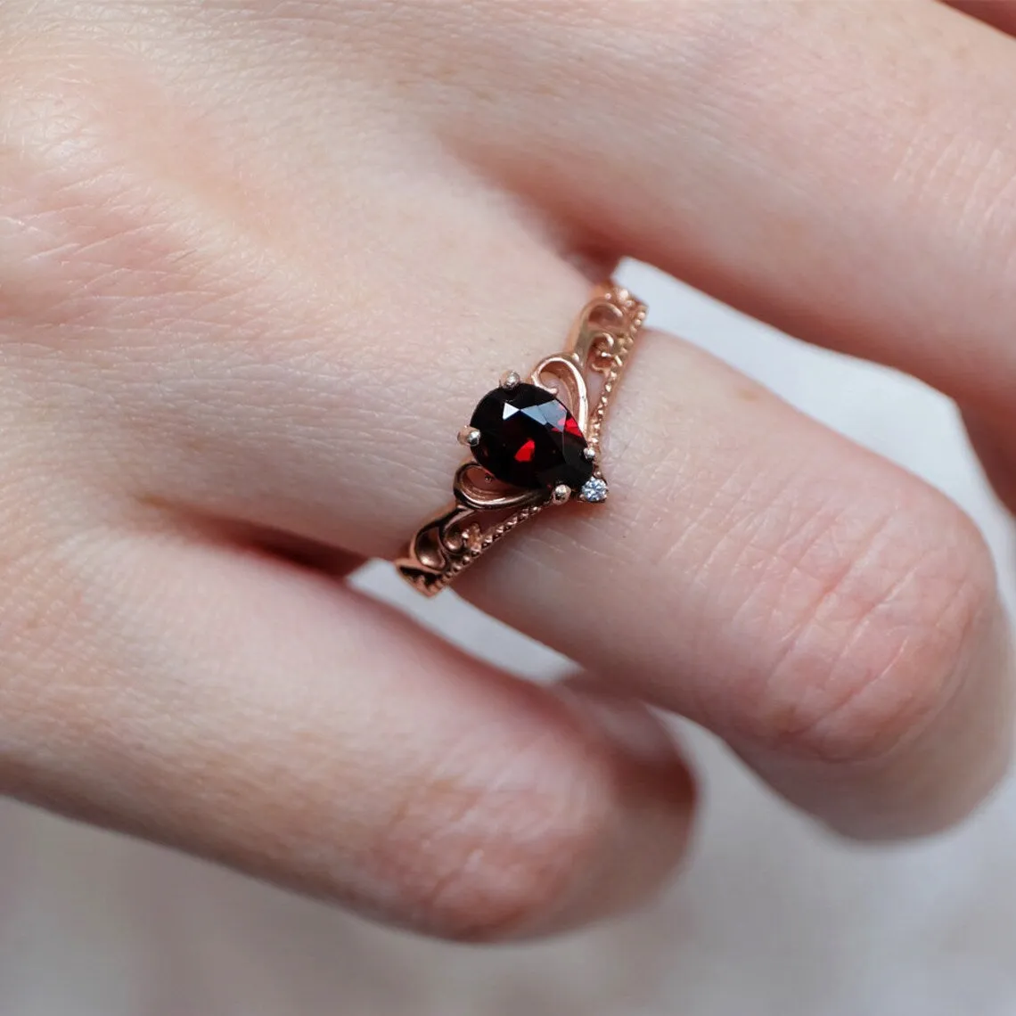 Vintage Crown Ring - Garnet Engagement 14k Rose Gold Vermeil Ring