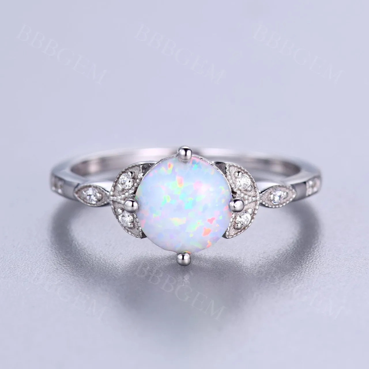 Vintage Floral Opal Engagement Ring White Gold Diamond Wedding Band