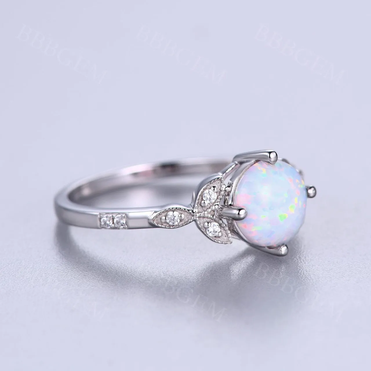 Vintage Floral Opal Engagement Ring White Gold Diamond Wedding Band