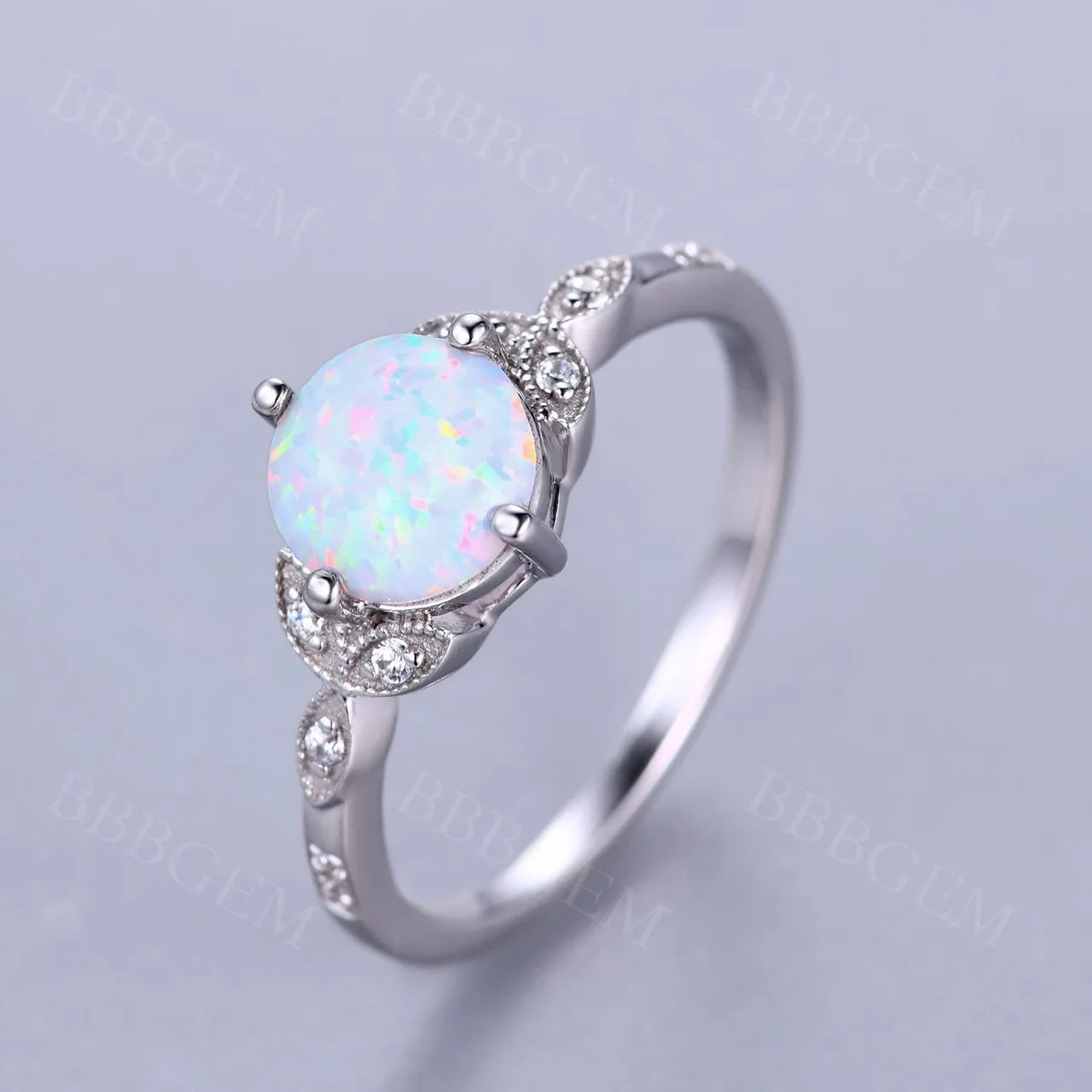 Vintage Floral Opal Engagement Ring White Gold Diamond Wedding Band