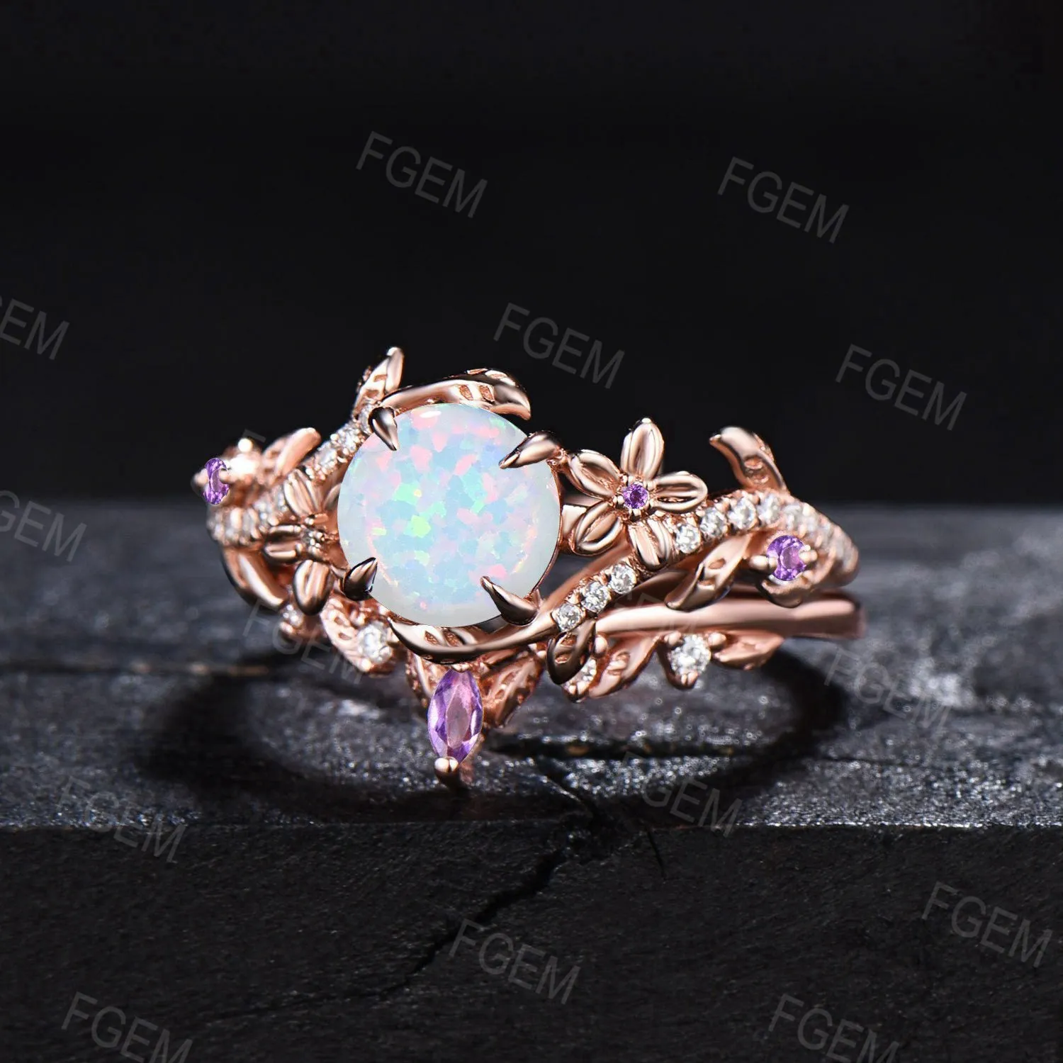 Vintage Flower Opal Ring Set Nature Inspired Branch Leaf Moissanite Ring Marquise Amethyst Bridal Set October Birthstone Ring Proposal Gifts