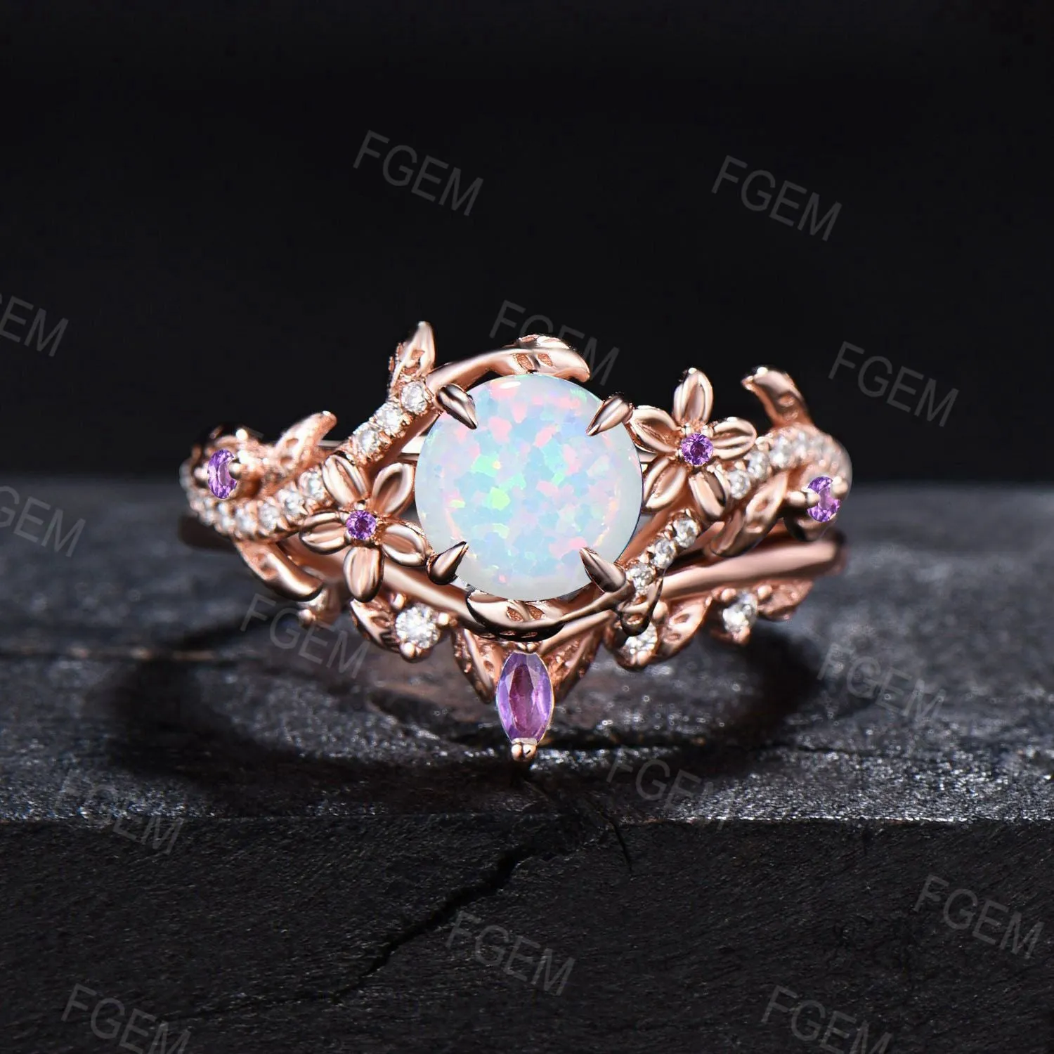 Vintage Flower Opal Ring Set Nature Inspired Branch Leaf Moissanite Ring Marquise Amethyst Bridal Set October Birthstone Ring Proposal Gifts