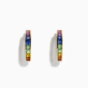 Watercolor 14k Yellow Gold Princess Cut Multi Sapphire Hoop Earrings