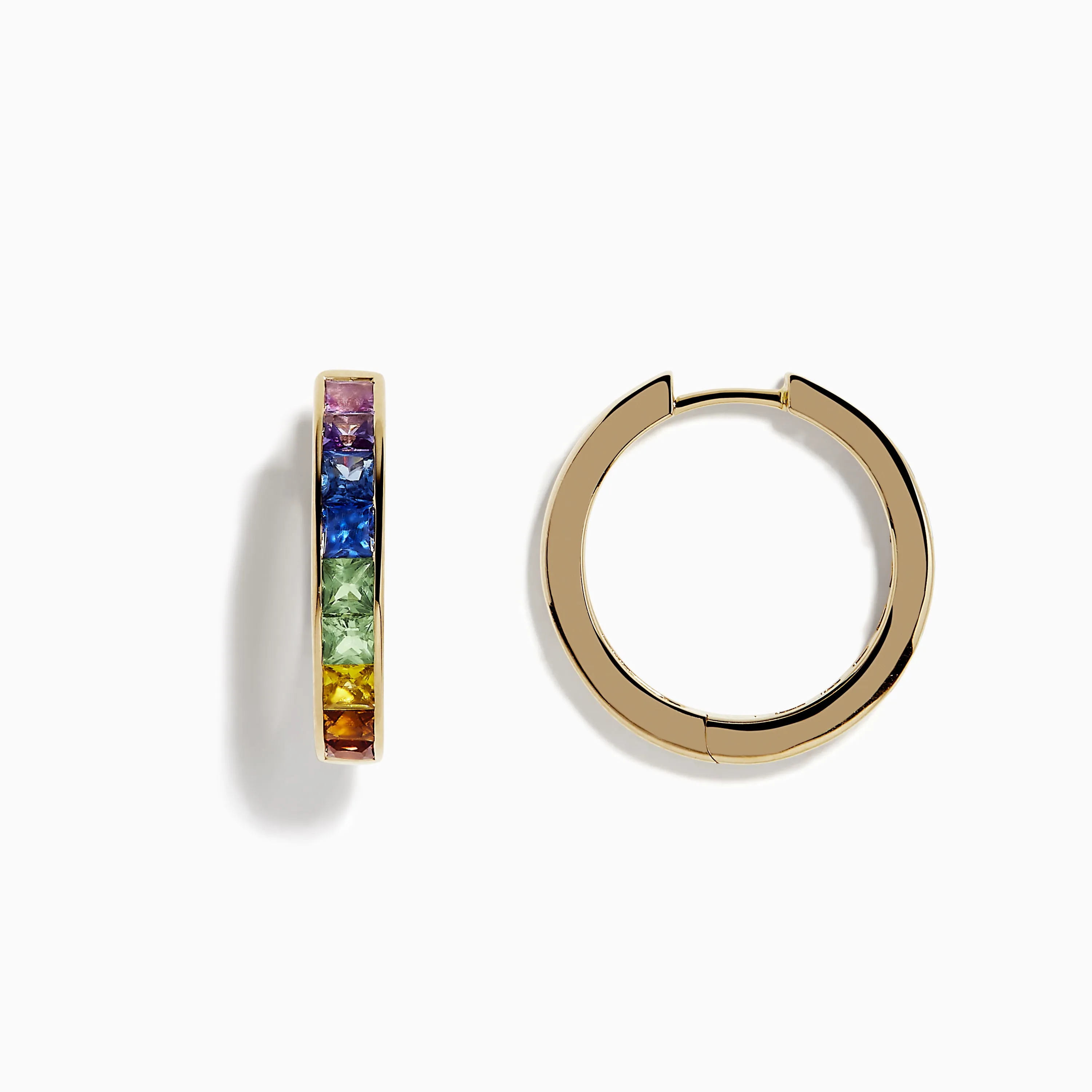 Watercolor 14k Yellow Gold Princess Cut Multi Sapphire Hoop Earrings