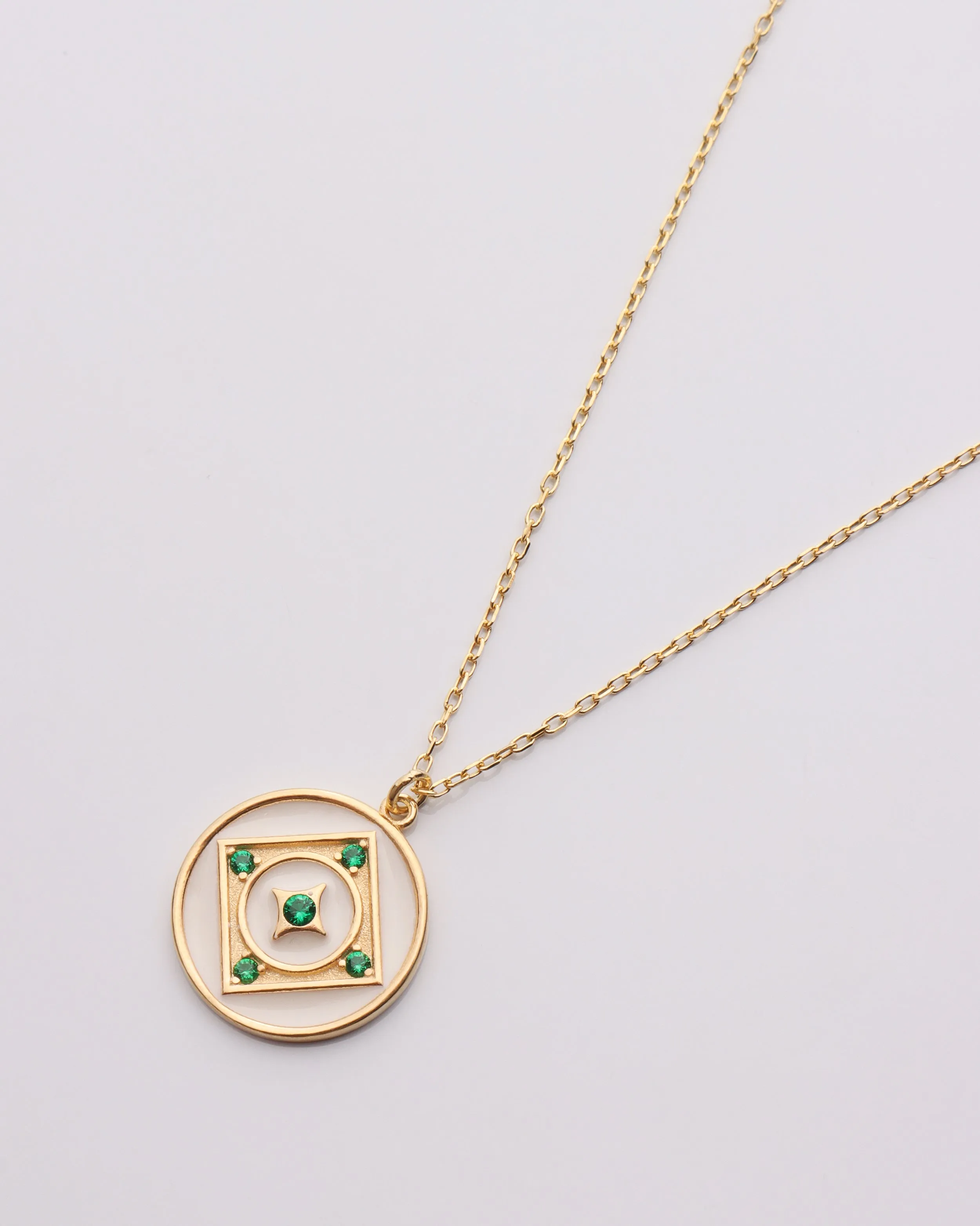 White Enamel w/ Emerald CZ Disc Necklace