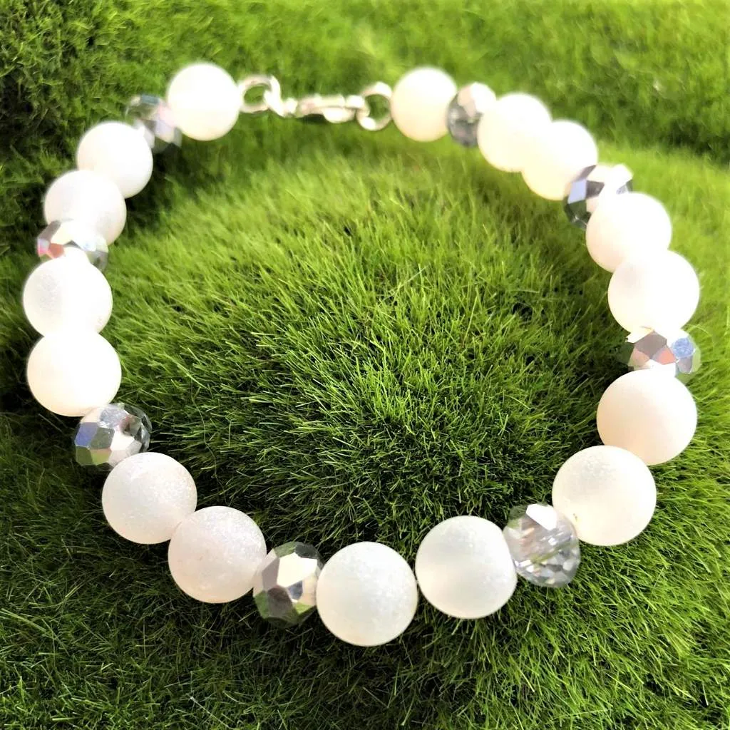 White Matte Agate and Silver Crystal Beaded Bracelet